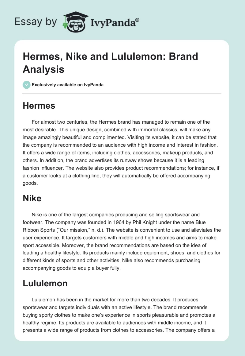 Hermes, Nike and Lululemon: Brand Analysis. Page 1