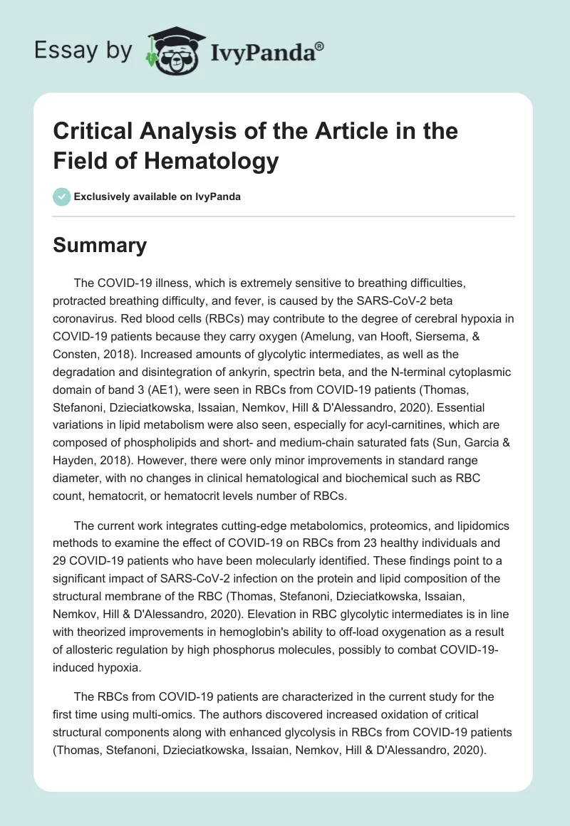 Critical Analysis of the Article in the Field of Hematology. Page 1
