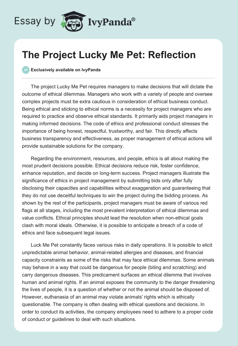 The Project Lucky Me Pet: Reflection. Page 1