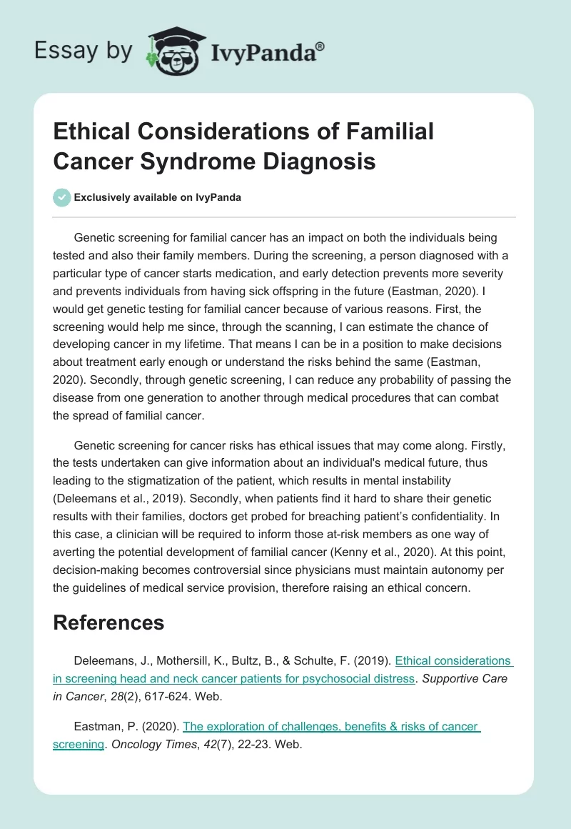 Ethical Considerations of Familial Cancer Syndrome Diagnosis. Page 1