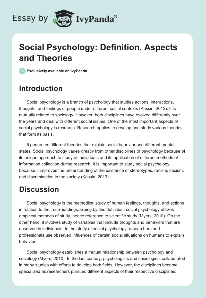 Social Psychology: Definition, Aspects and Theories. Page 1