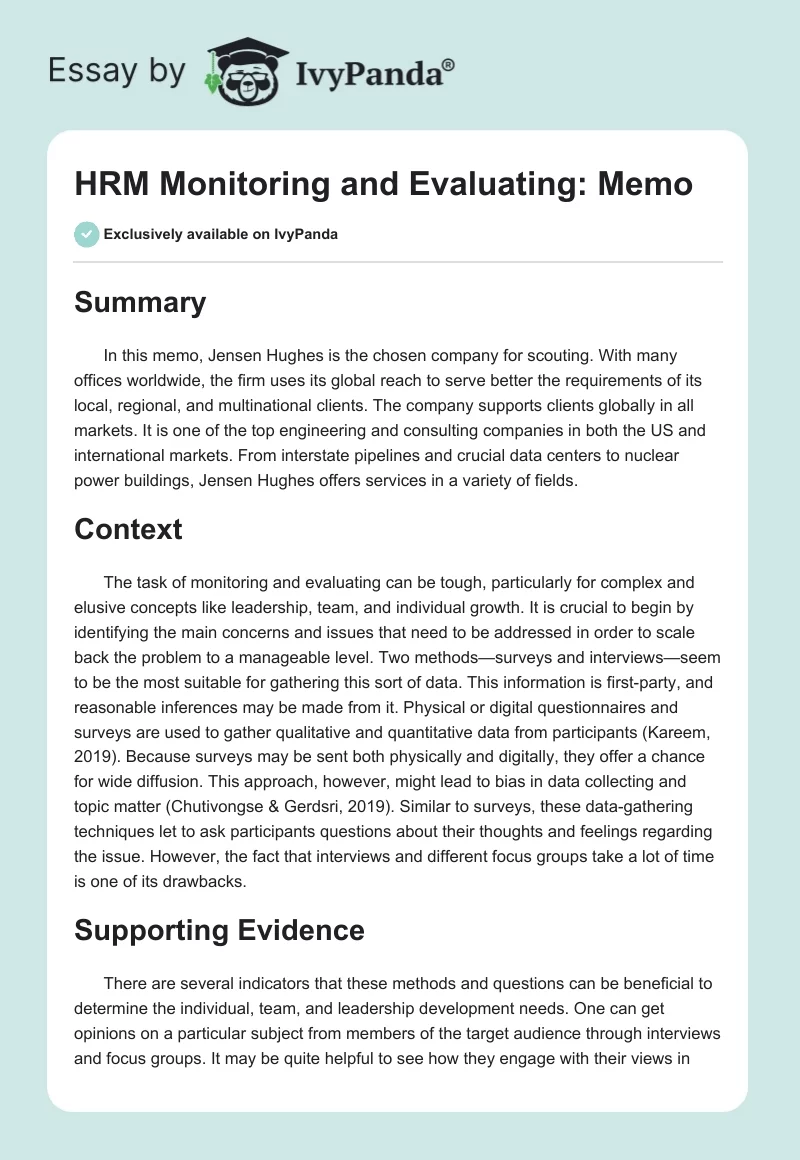 HRM Monitoring and Evaluating: Memo. Page 1