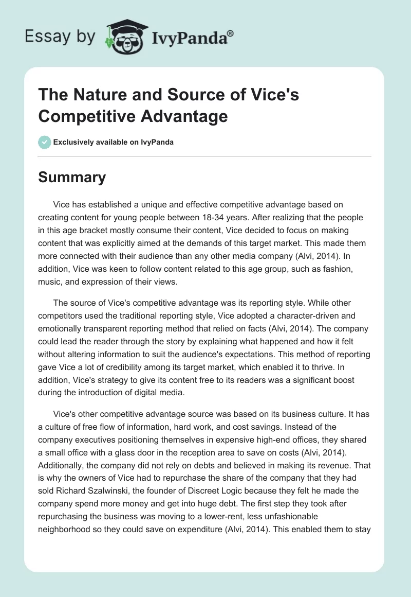 The Nature and Source of Vice's Competitive Advantage. Page 1