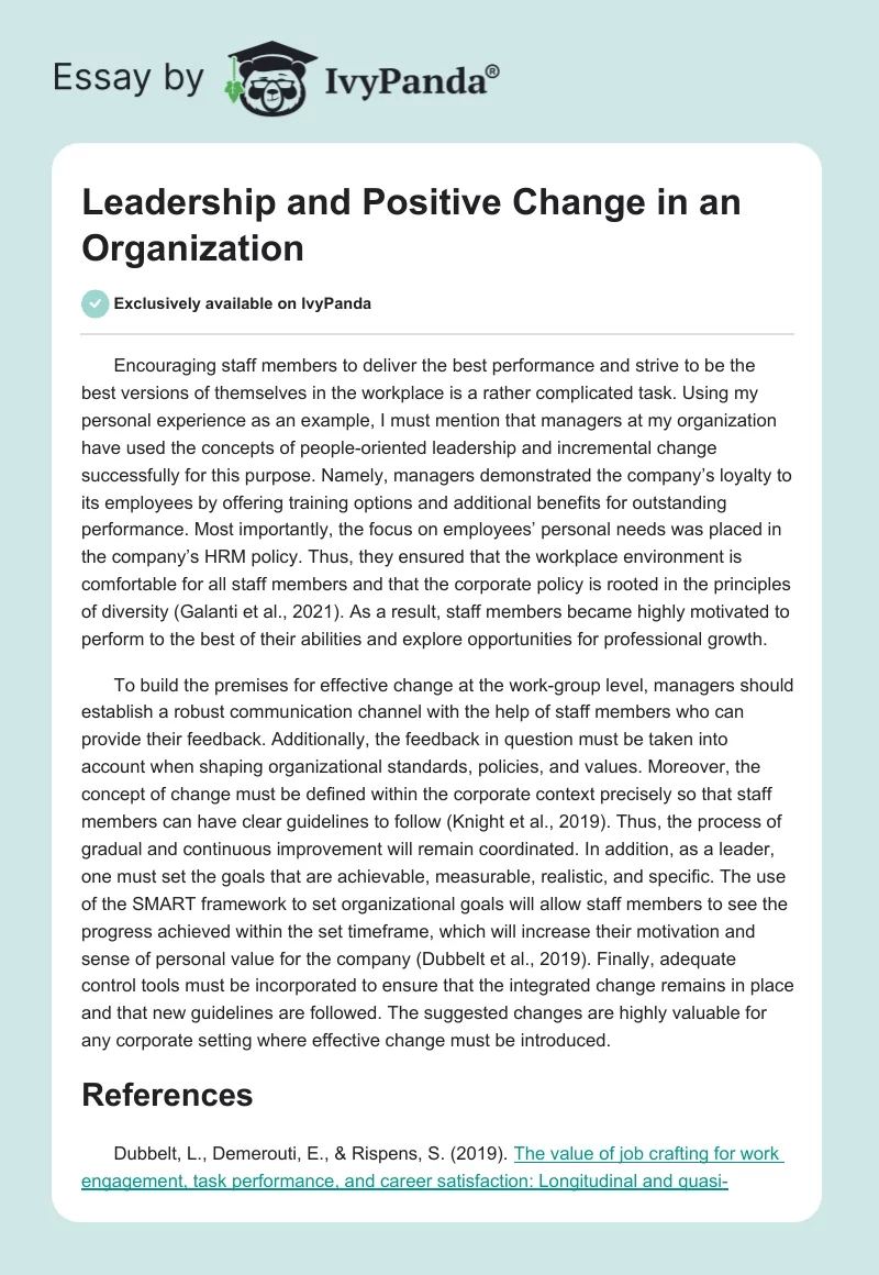 Leadership and Positive Change in an Organization. Page 1