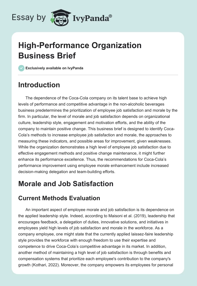 High-Performance Organization Business Brief. Page 1