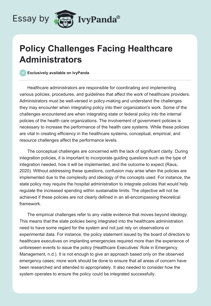 Policy Challenges Facing Healthcare Administrators. Page 1