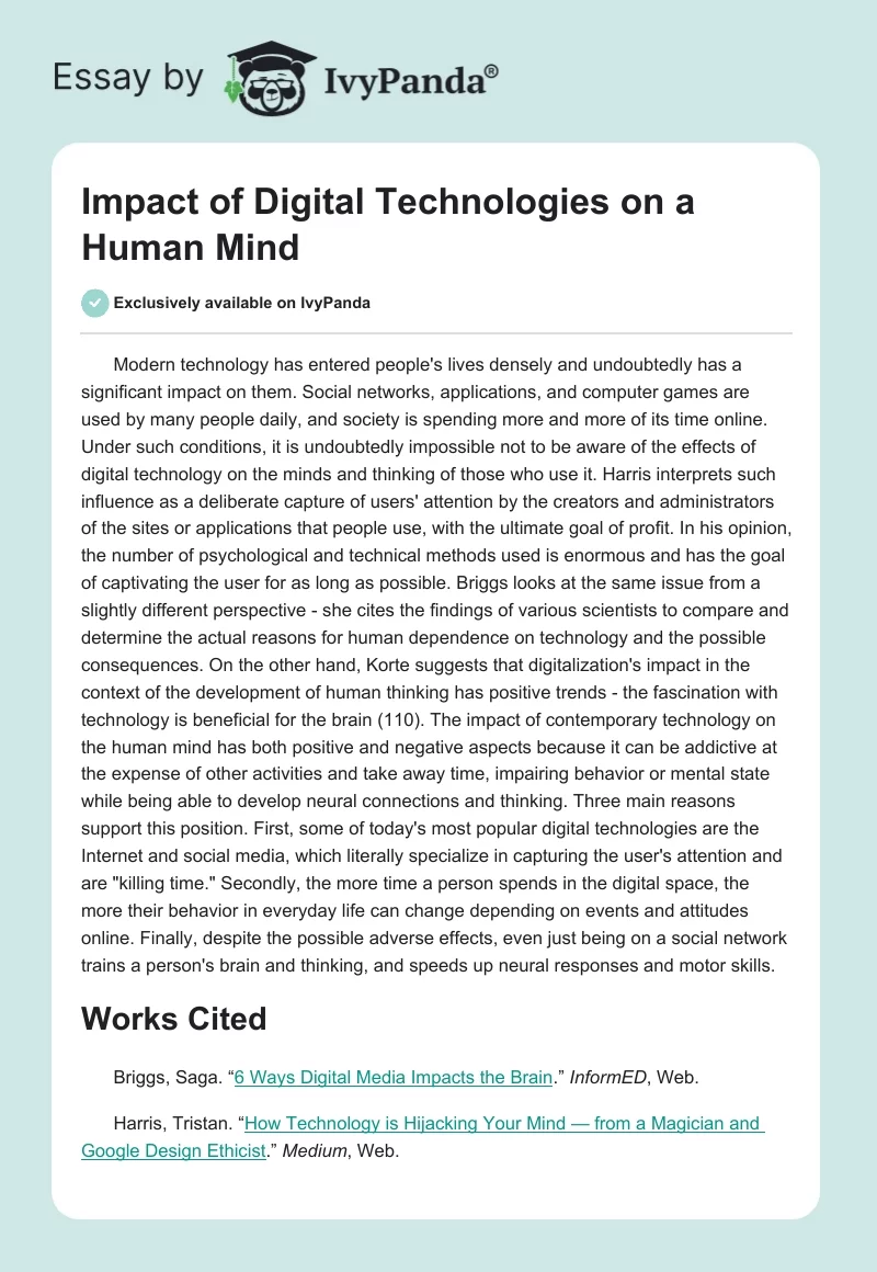 Impact of Digital Technologies on a Human Mind. Page 1