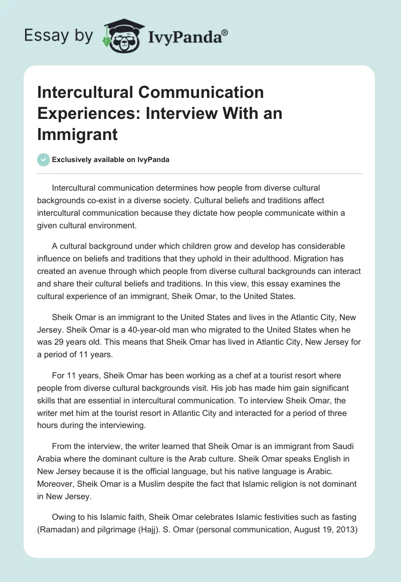 Intercultural Communication Experiences: Interview With an Immigrant. Page 1