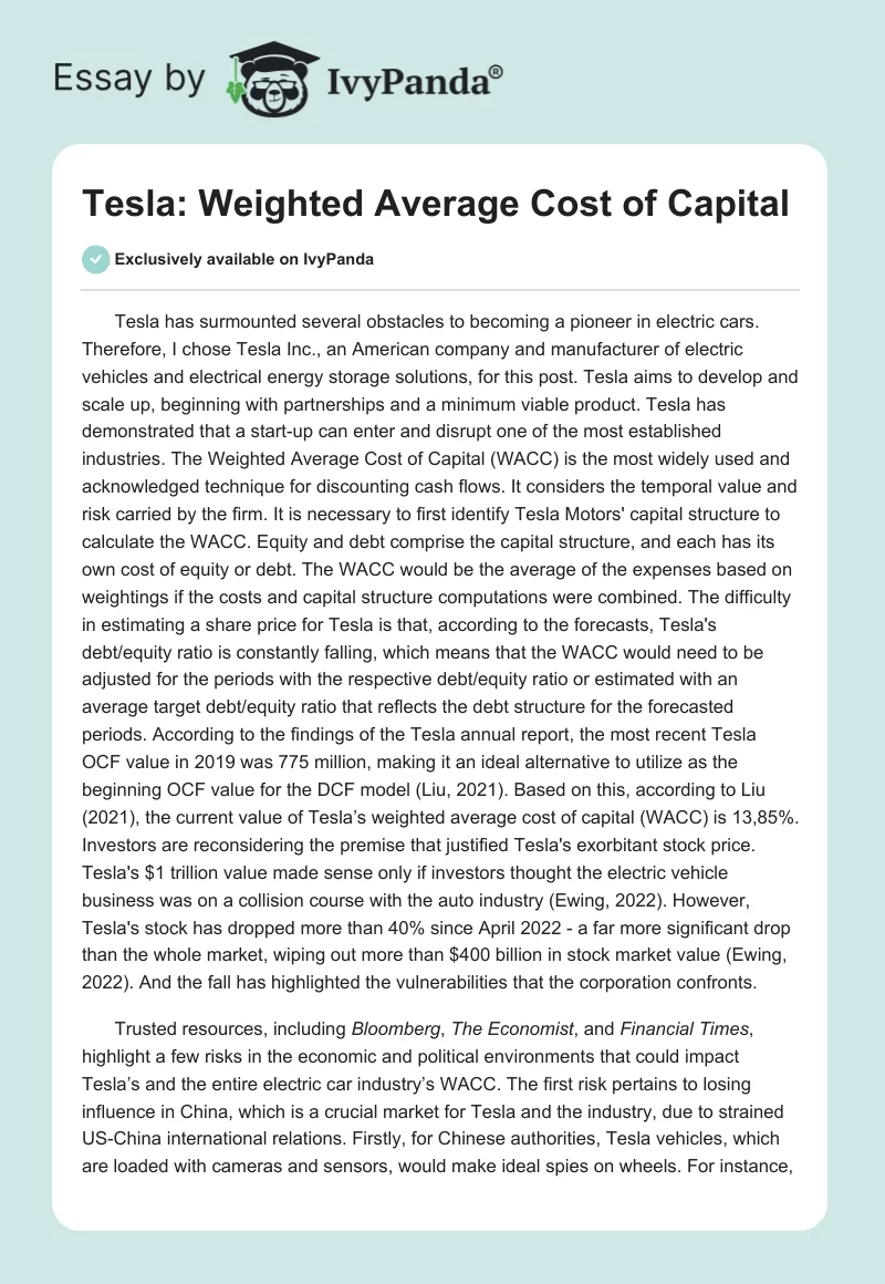 Tesla: Weighted Average Cost of Capital. Page 1