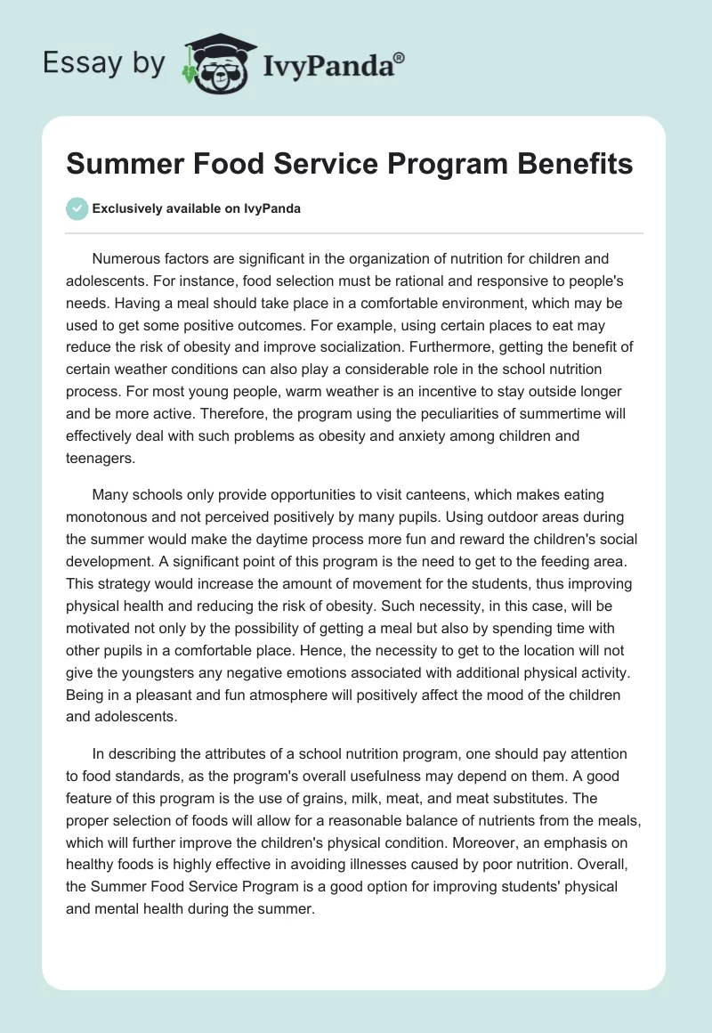 Summer Food Service Program Benefits. Page 1