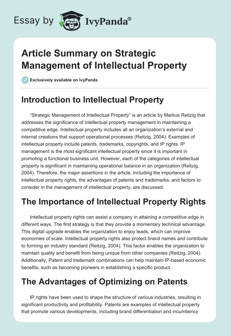 Article Summary on Strategic Management of Intellectual Property. Page 1