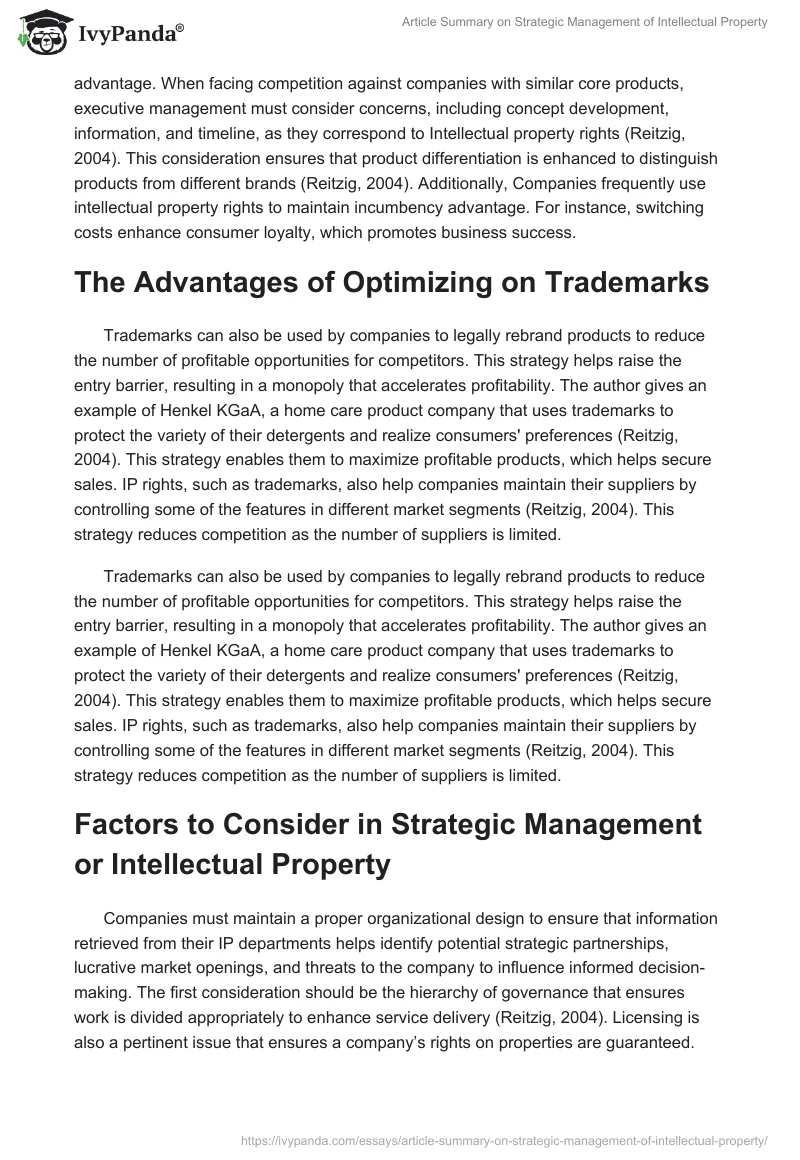 Article Summary on Strategic Management of Intellectual Property. Page 2