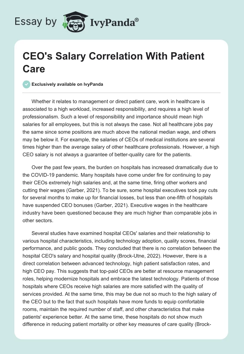 CEO's Salary Correlation With Patient Care. Page 1