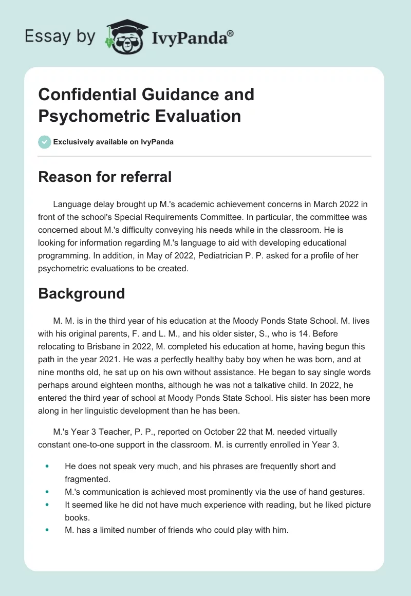 Confidential Guidance and Psychometric Evaluation. Page 1