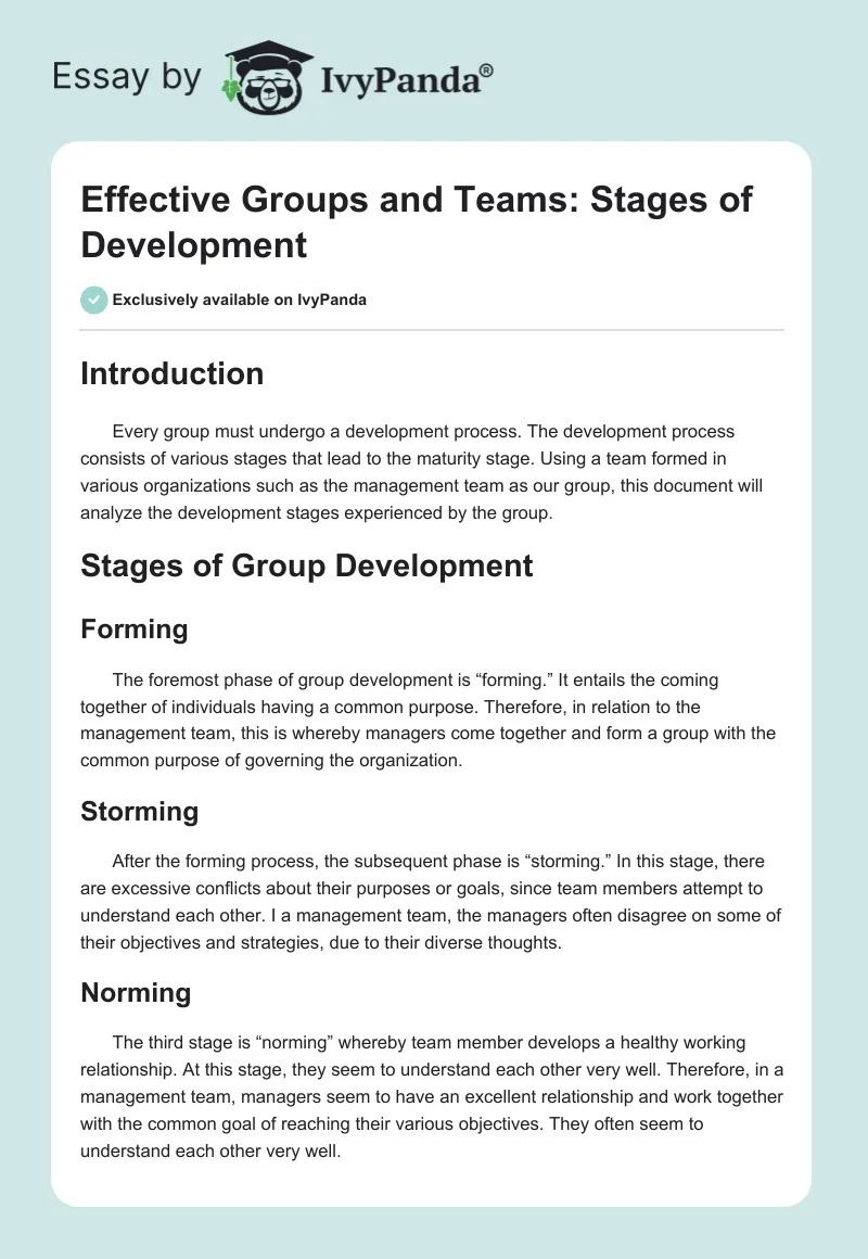 Effective Groups and Teams: Stages of Development. Page 1