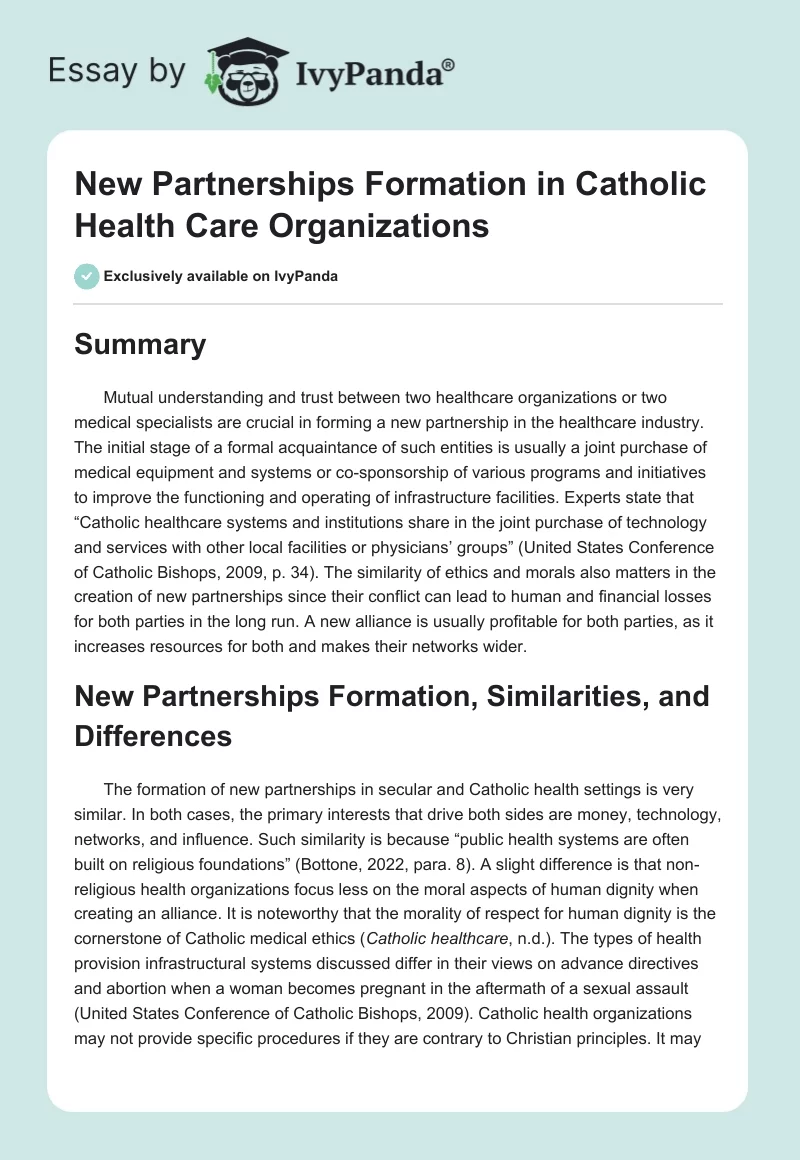 New Partnerships Formation in Catholic Health Care Organizations. Page 1