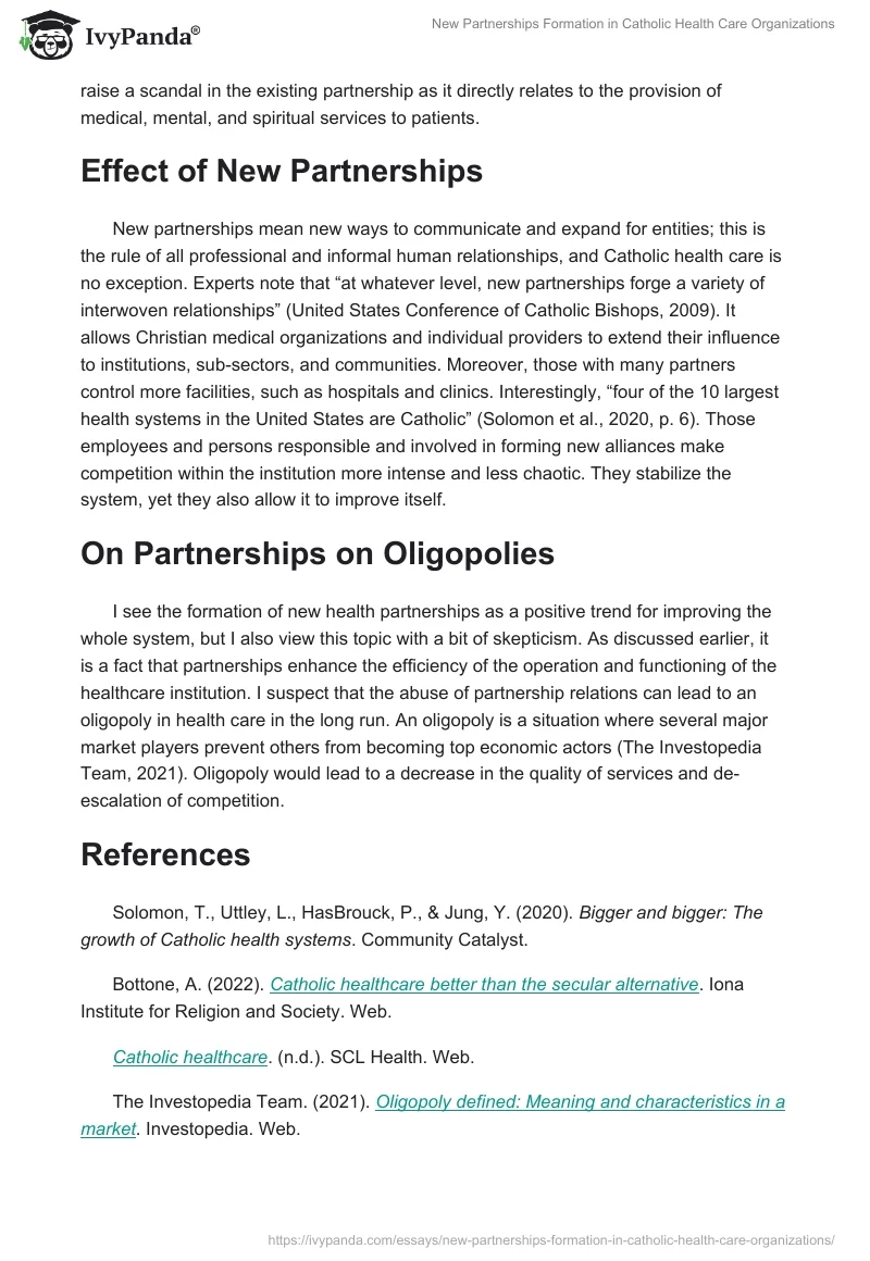 New Partnerships Formation in Catholic Health Care Organizations. Page 2