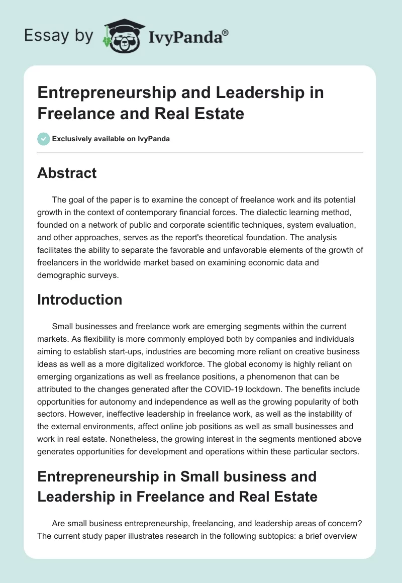 Entrepreneurship and Leadership in Freelance and Real Estate. Page 1