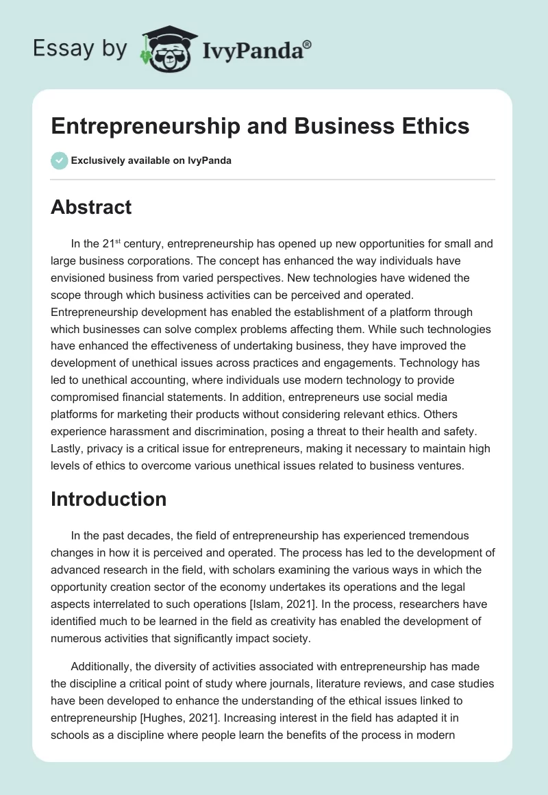 Entrepreneurship and Business Ethics. Page 1