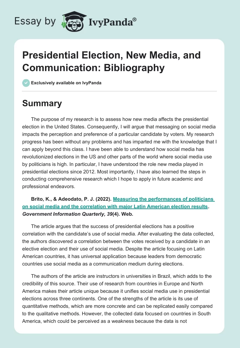 Presidential Election, New Media, and Communication: Bibliography. Page 1
