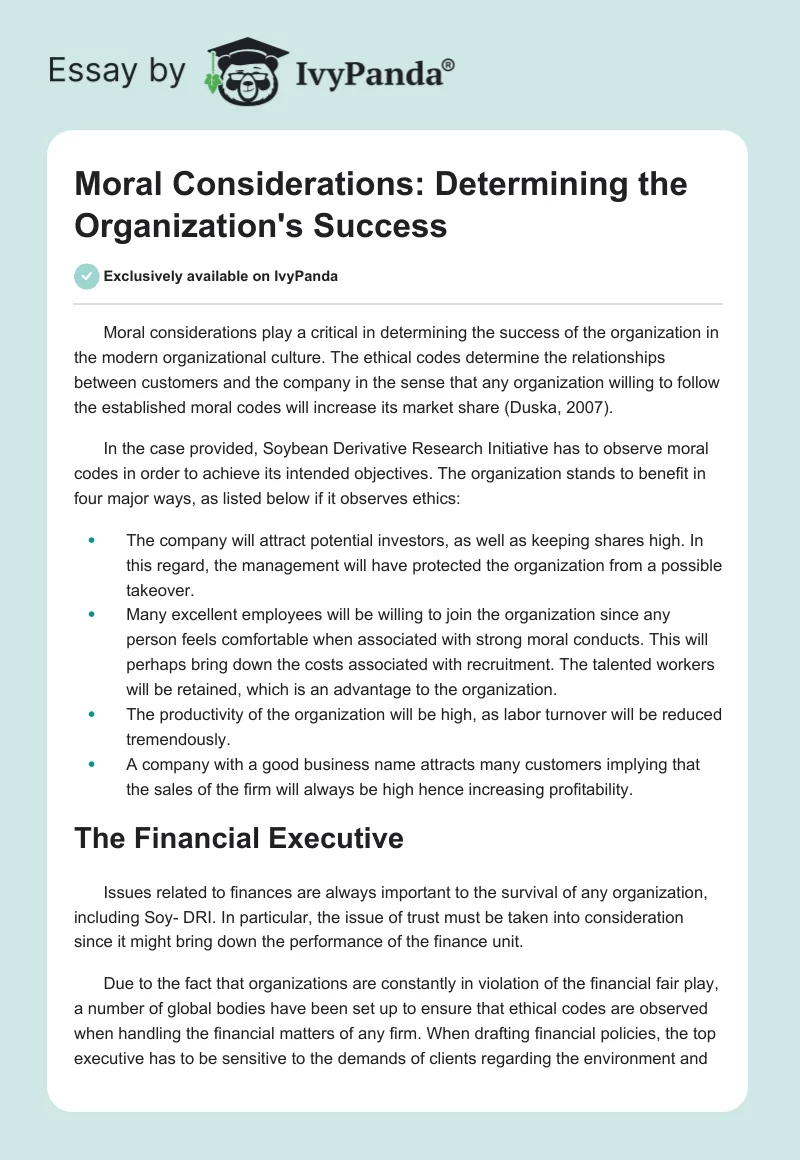 Moral Considerations: Determining the Organization's Success. Page 1