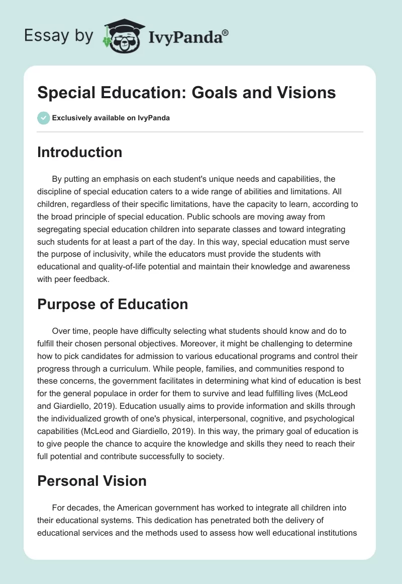 Special Education: Goals and Visions. Page 1