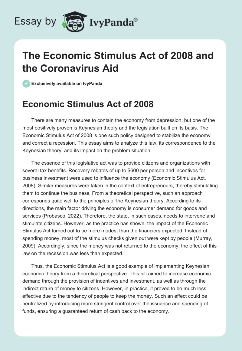 The Economic Stimulus Act of 2008 and the Coronavirus Aid. Page 1