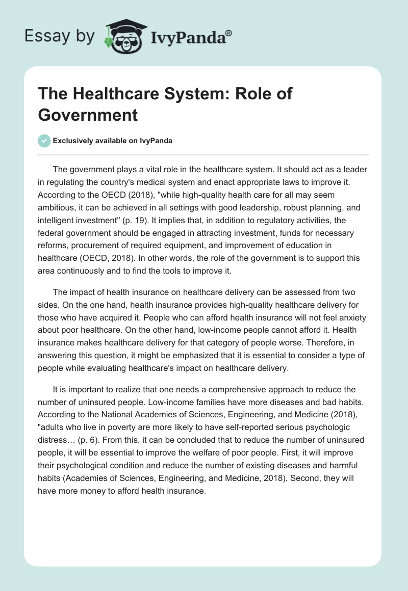 The Healthcare System: Role of Government. Page 1
