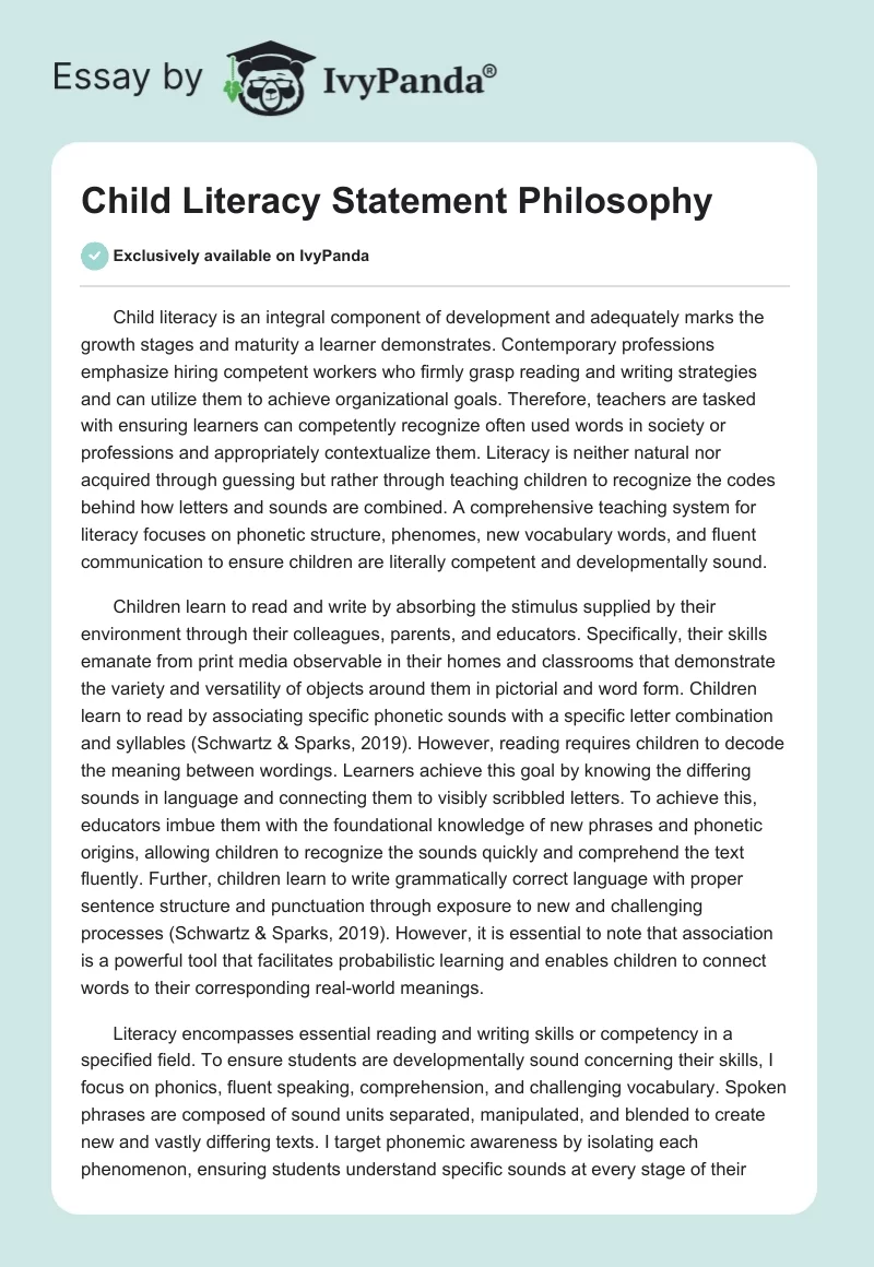 Child Literacy Statement Philosophy. Page 1