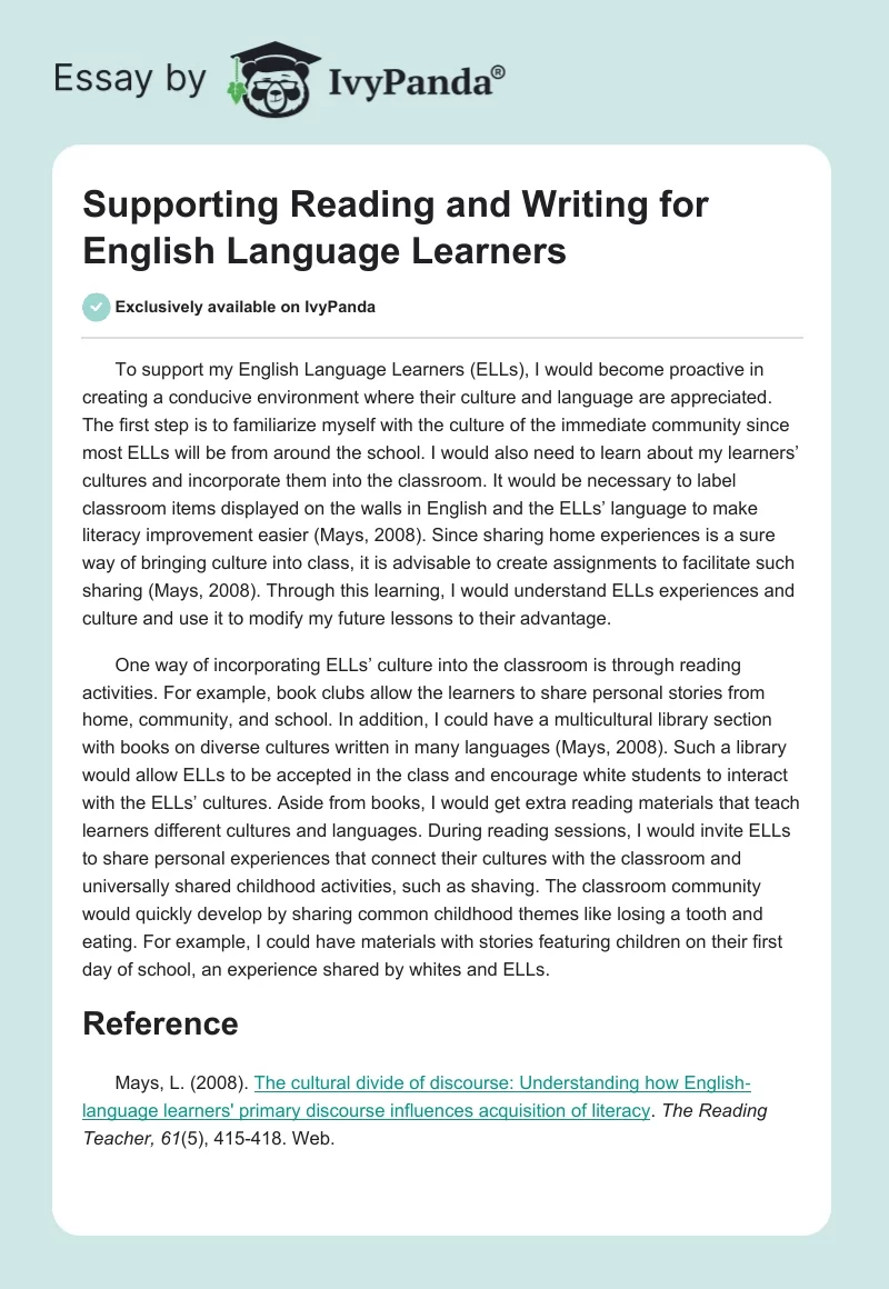 Supporting Reading and Writing for English Language Learners. Page 1