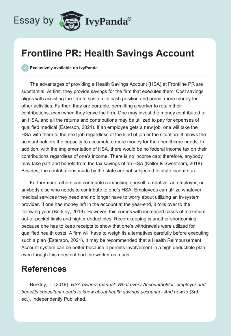 Frontline PR: Health Savings Account. Page 1