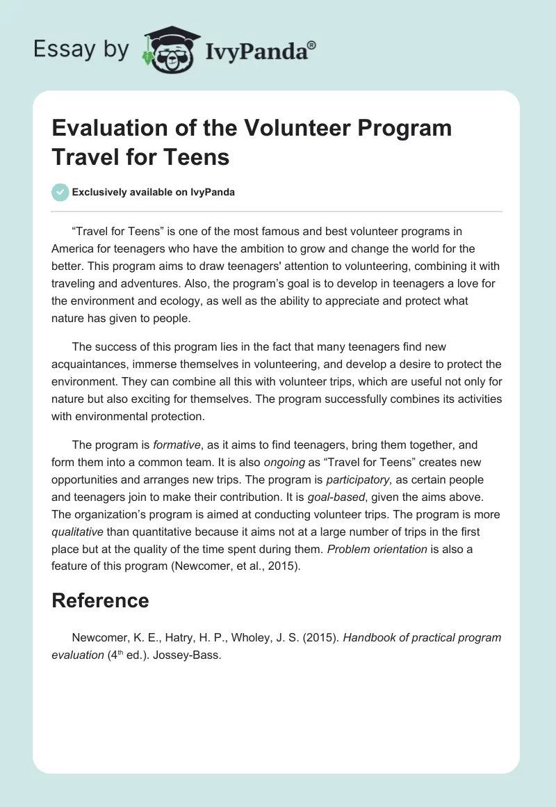 Evaluation of the Volunteer Program "Travel for Teens". Page 1