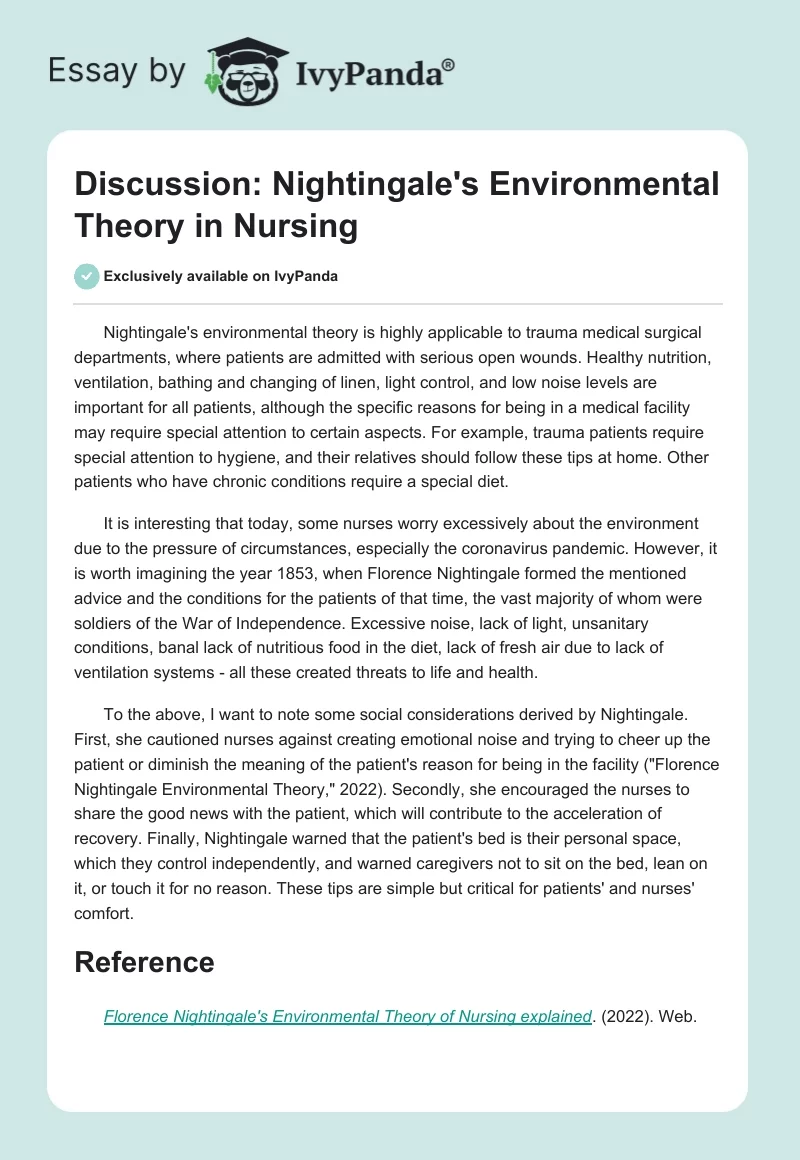Discussion: Nightingale's Environmental Theory in Nursing. Page 1
