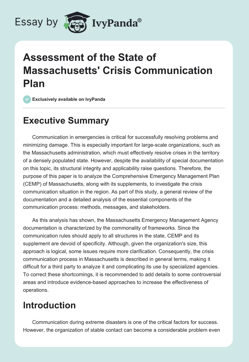 Assessment of the State of Massachusetts' Crisis Communication Plan. Page 1