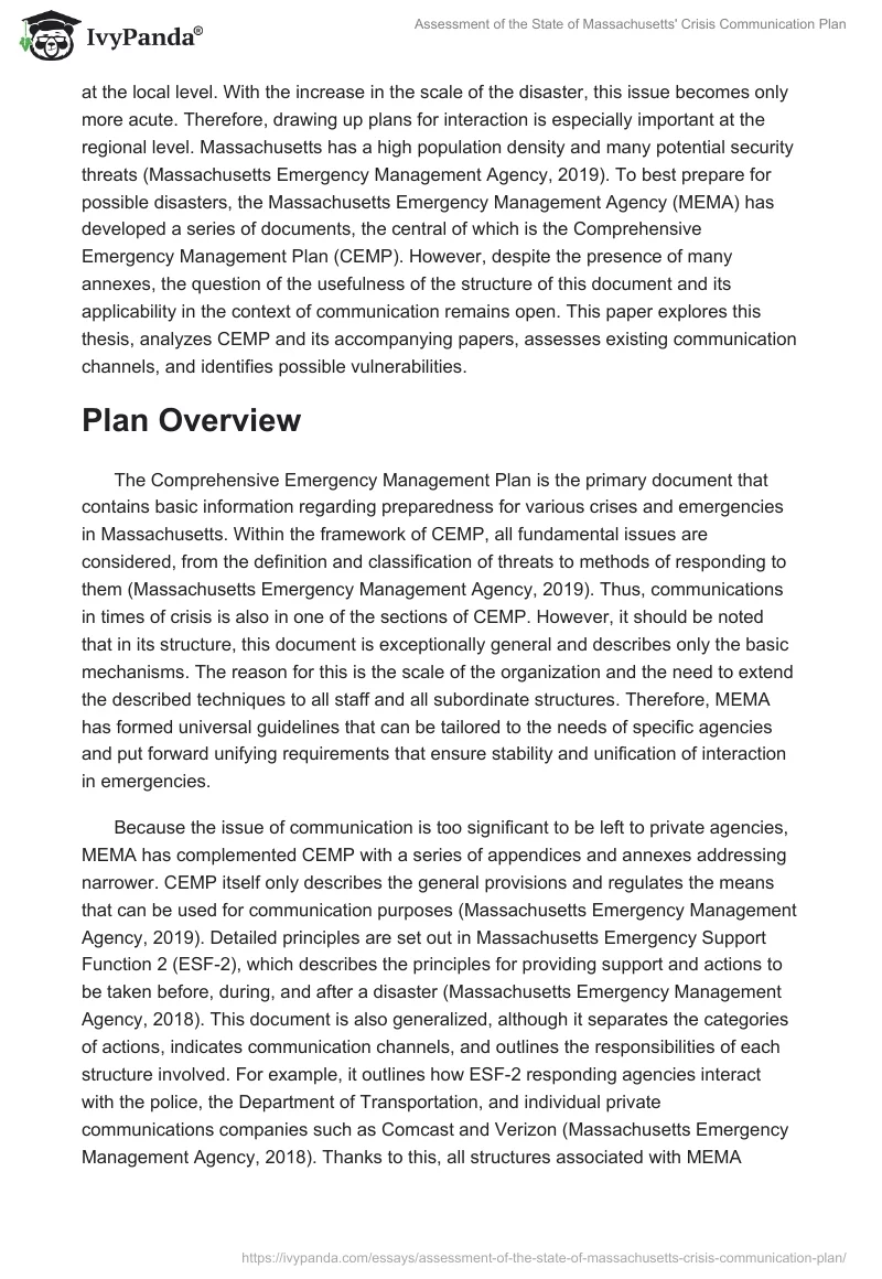 Assessment of the State of Massachusetts' Crisis Communication Plan. Page 2