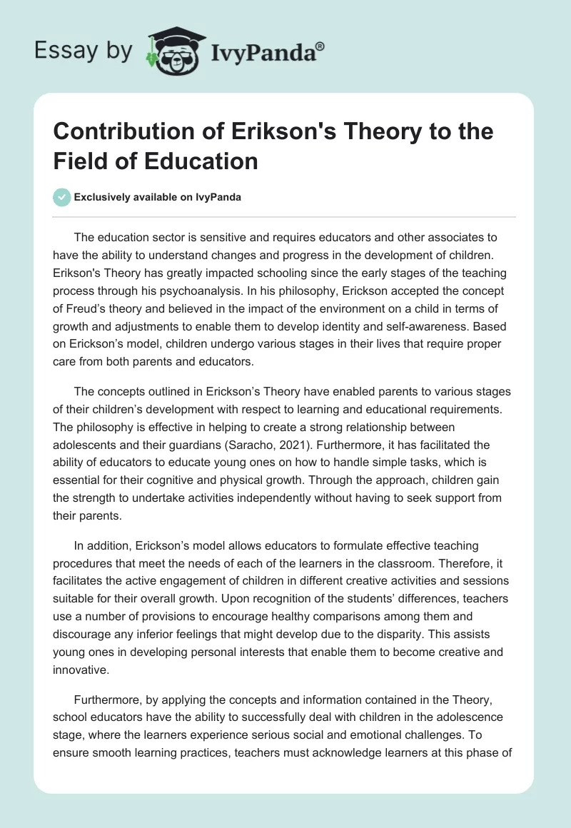 Contribution of Erikson's Theory to the Field of Education. Page 1
