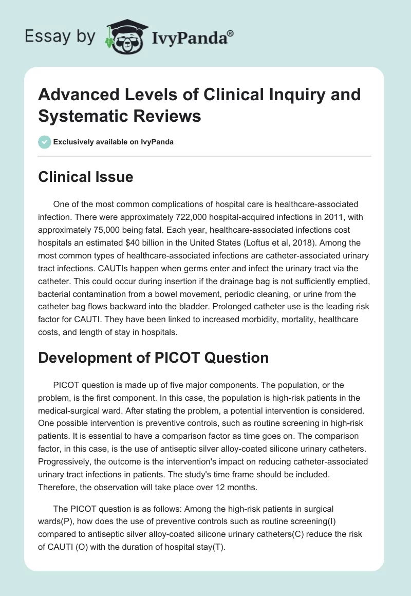 Advanced Levels of Clinical Inquiry and Systematic Reviews. Page 1