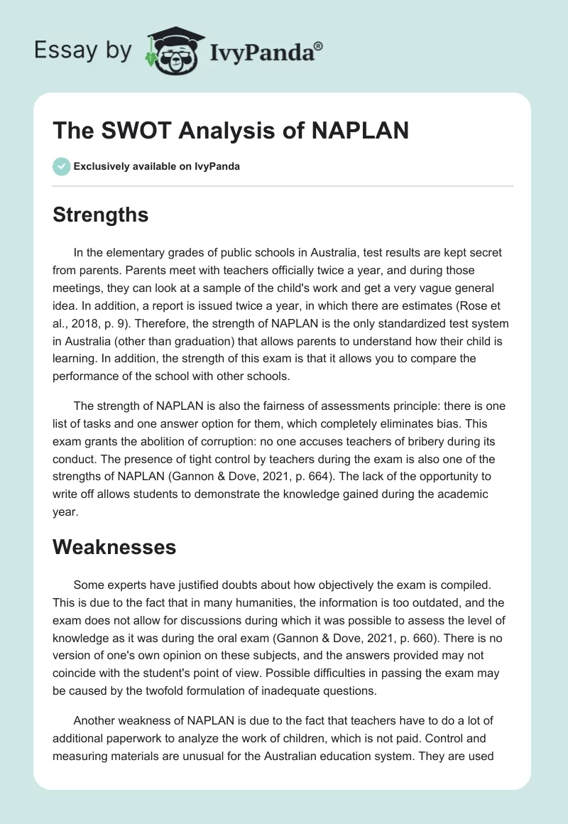The SWOT Analysis of NAPLAN. Page 1