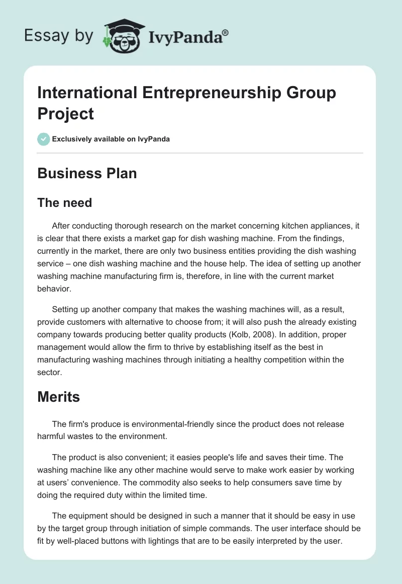 International Entrepreneurship Group Project. Page 1