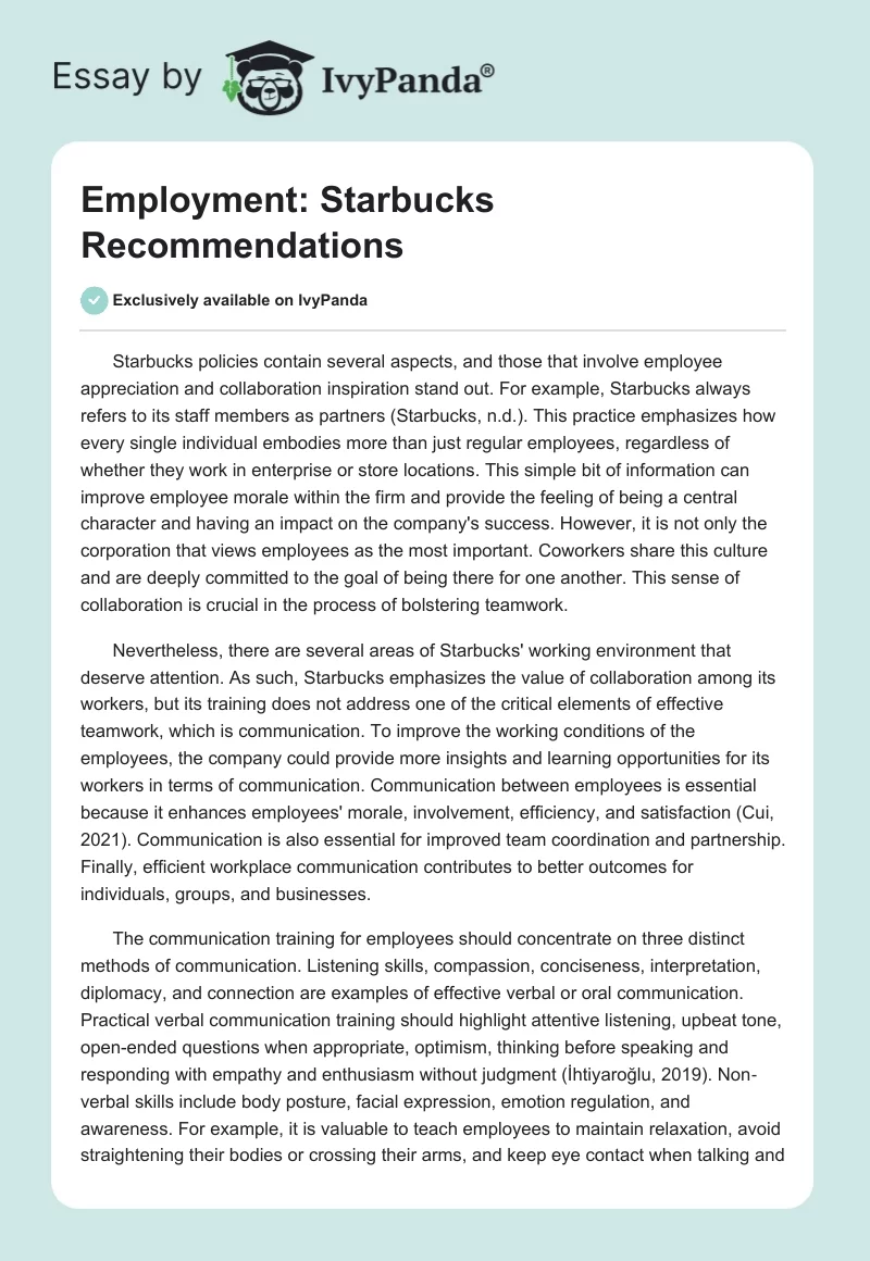 Employment: Starbucks Recommendations. Page 1