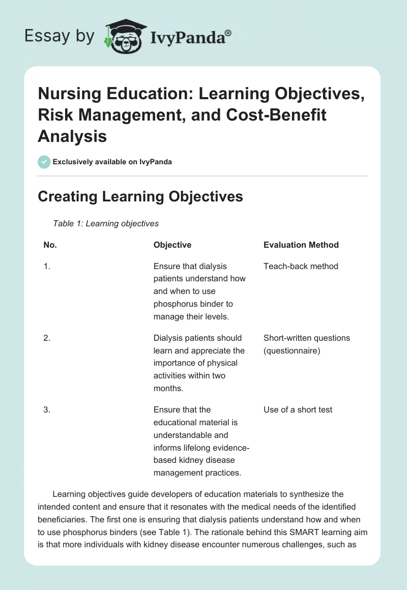 Nursing Education: Learning Objectives, Risk Management, and Cost-Benefit Analysis. Page 1