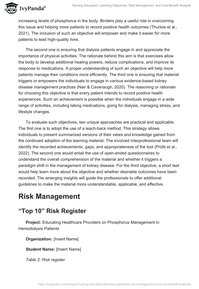 Nursing Education: Learning Objectives, Risk Management, and Cost-Benefit Analysis. Page 2