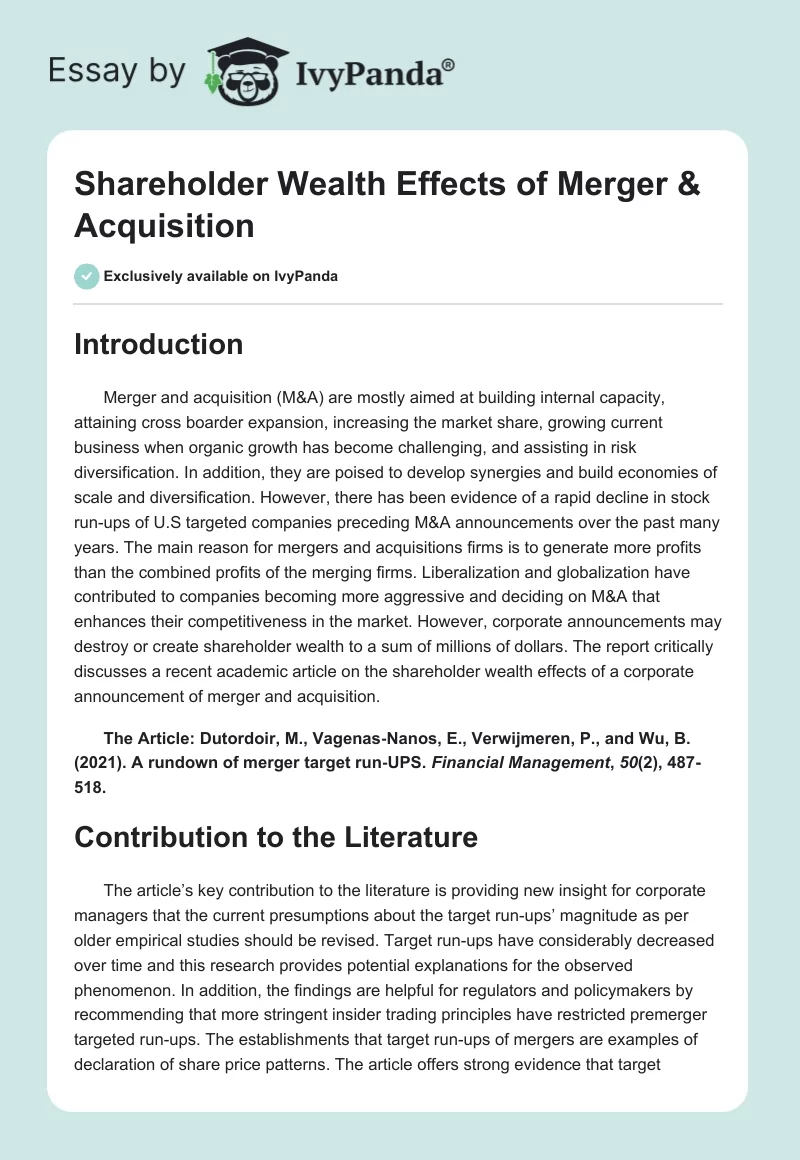Shareholder Wealth Effects of Merger & Acquisition. Page 1