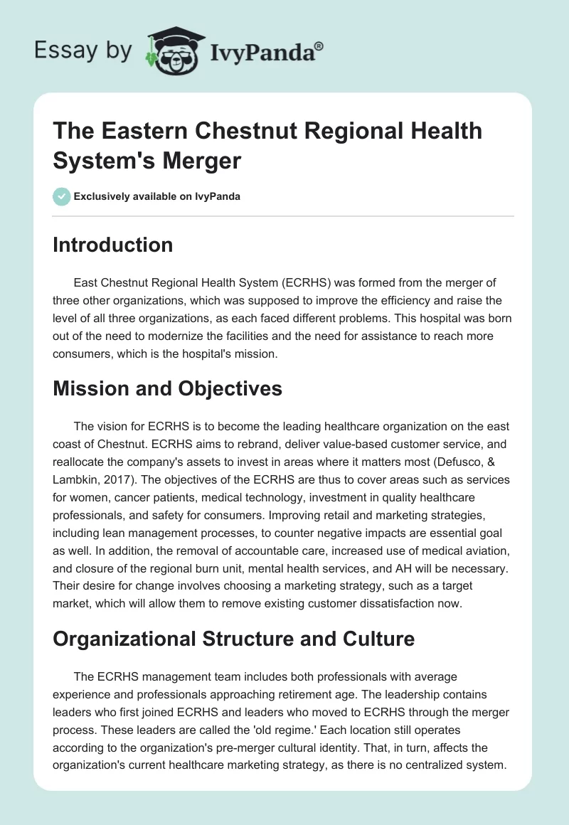The Eastern Chestnut Regional Health System's Merger. Page 1