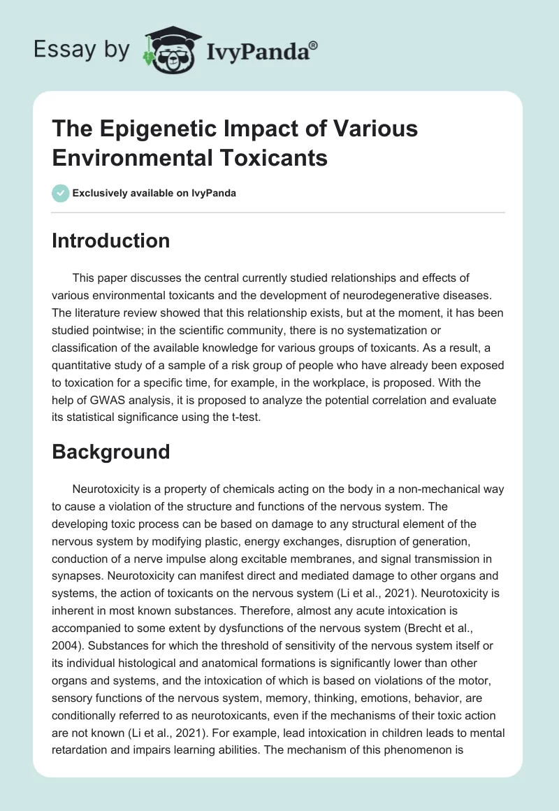 The Epigenetic Impact of Various Environmental Toxicants. Page 1