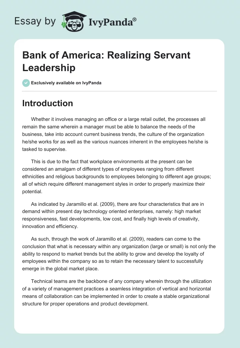 Bank of America: Realizing Servant Leadership. Page 1