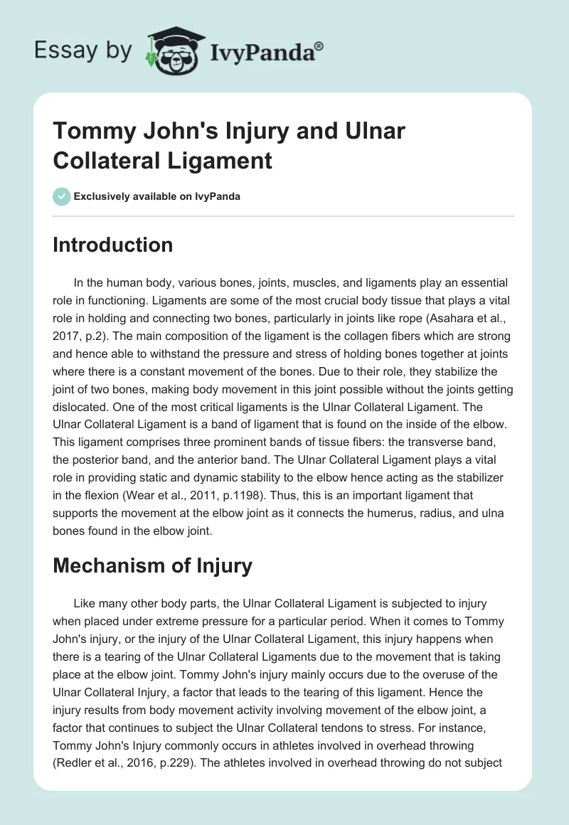 Tommy John's Injury and Ulnar Collateral Ligament. Page 1