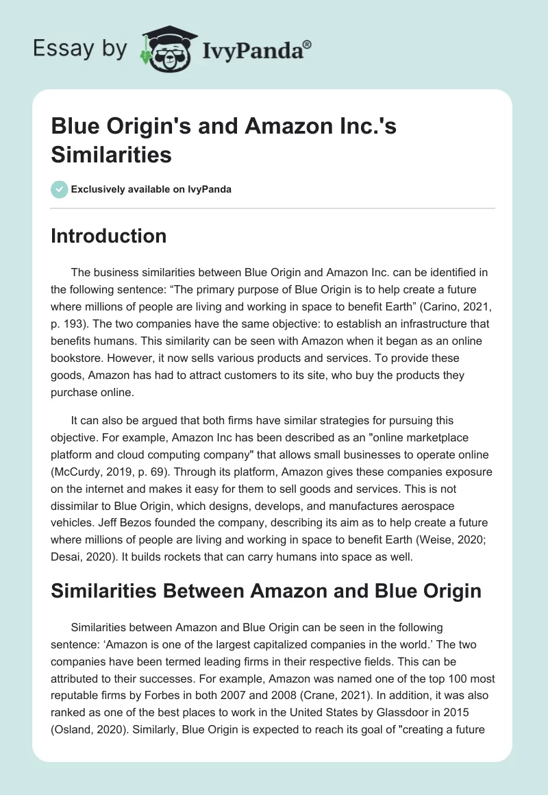 Blue Origin's and Amazon Inc.'s Similarities. Page 1