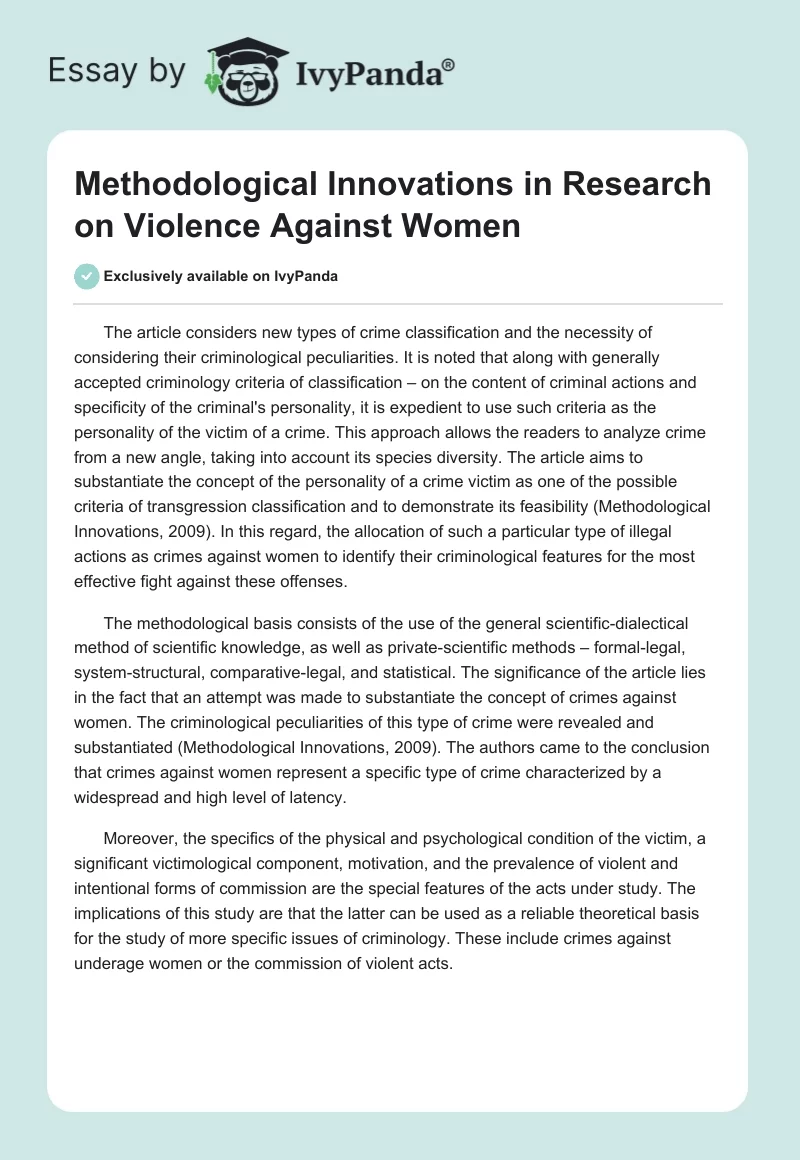 Methodological Innovations in Research on Violence Against Women. Page 1