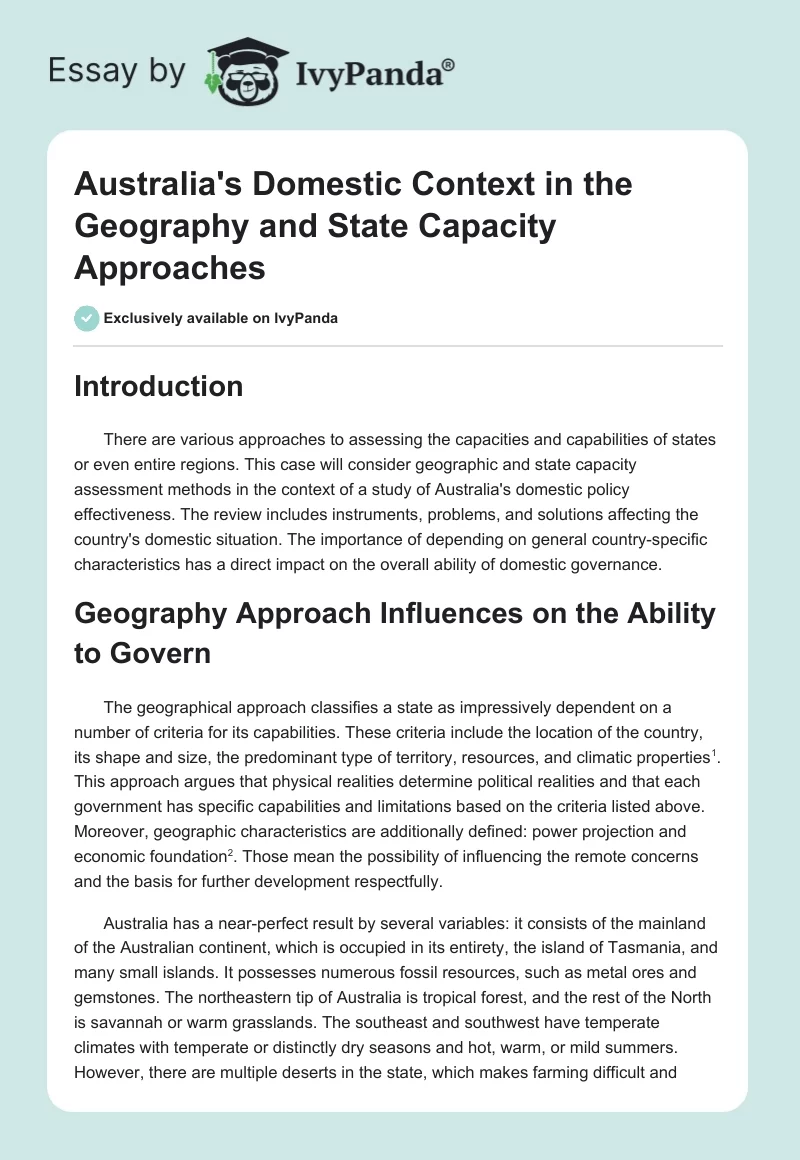 Australia's Domestic Context in the Geography and State Capacity Approaches. Page 1
